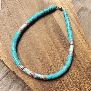 Sporty Southwestern Faux Turquoise & Coral Hieshi Disc Bead Artisan Necklace